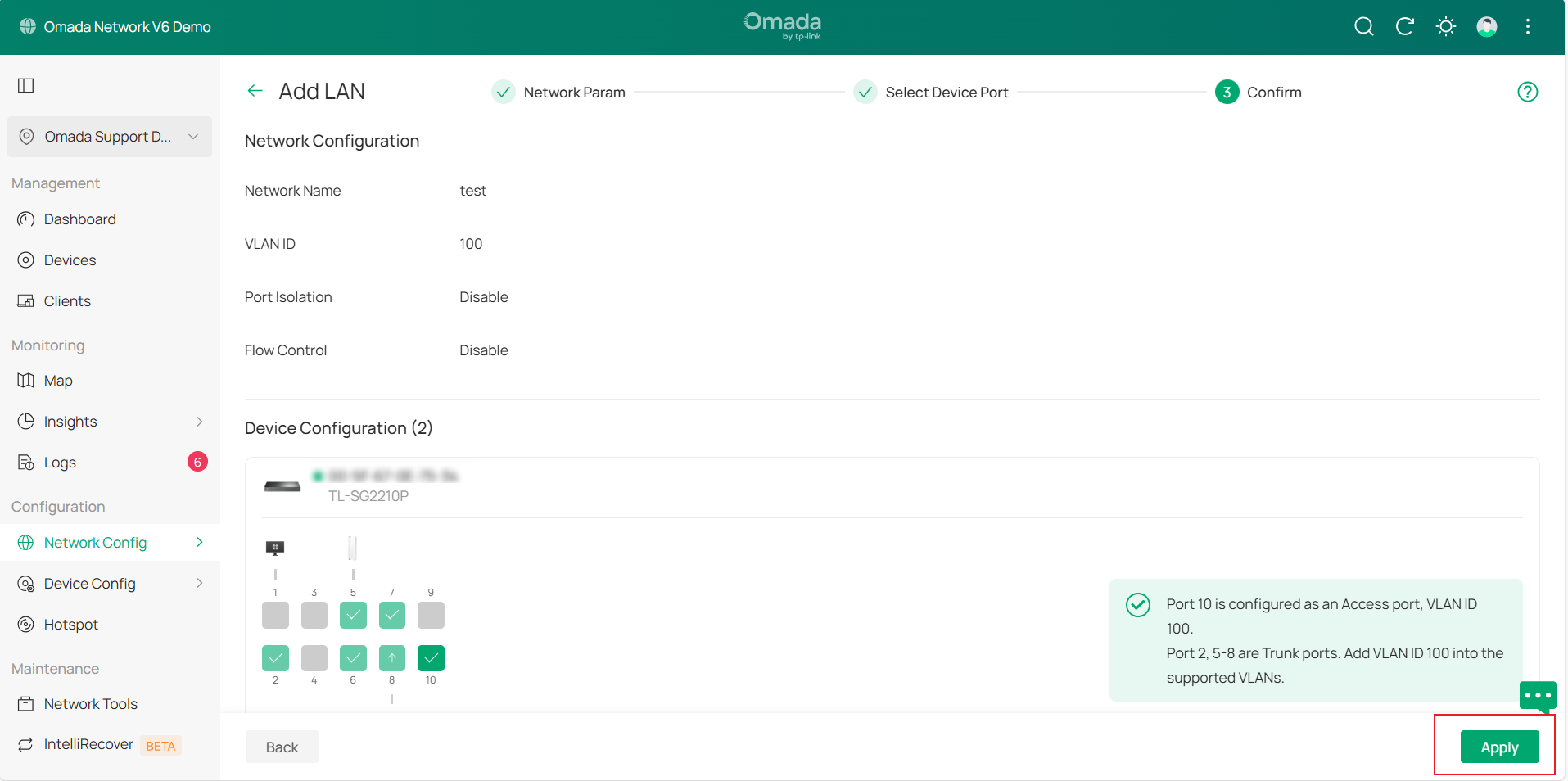 Confirm and apply the settings.