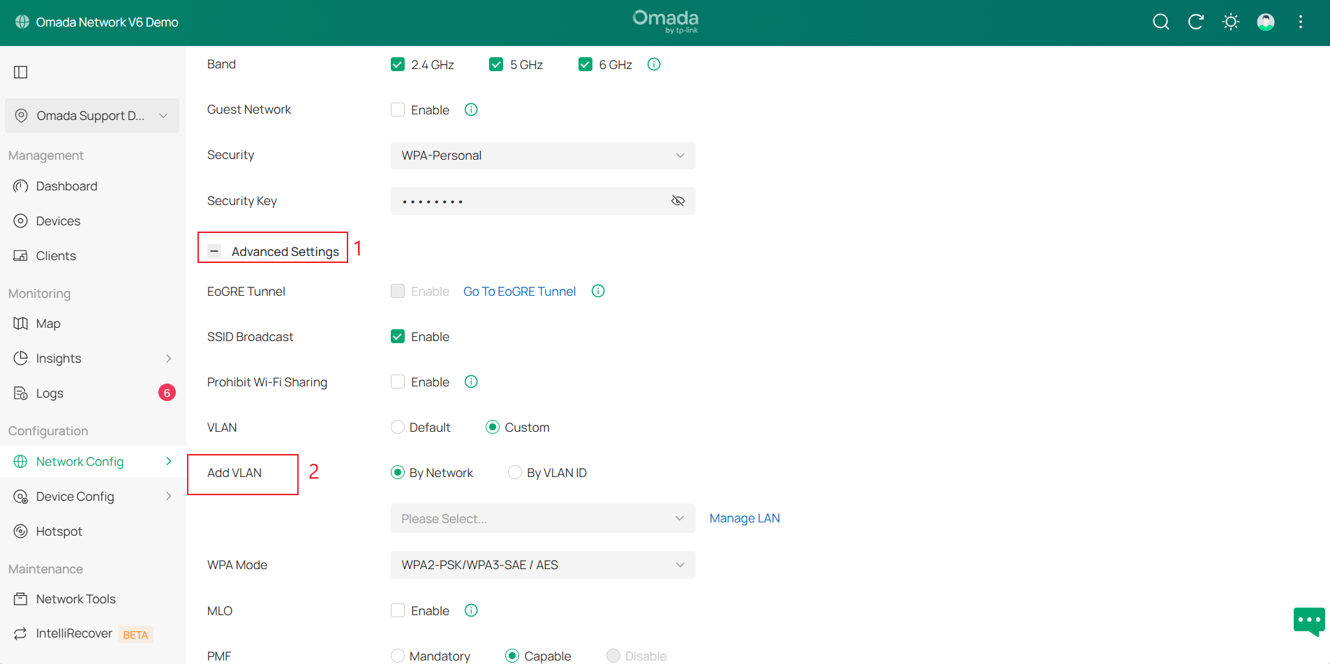Display the SSID VLAN configuration page.