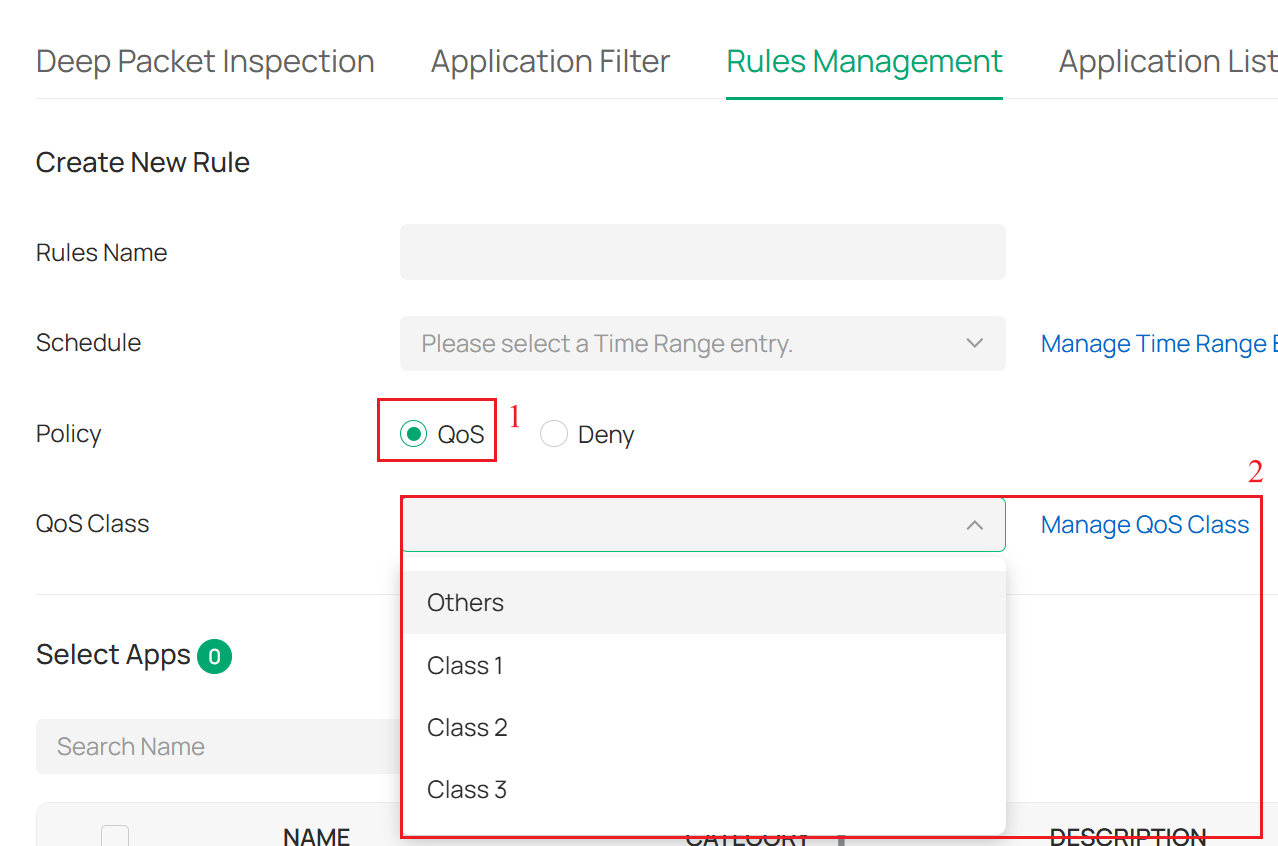 Show enable and select QoS classes page.