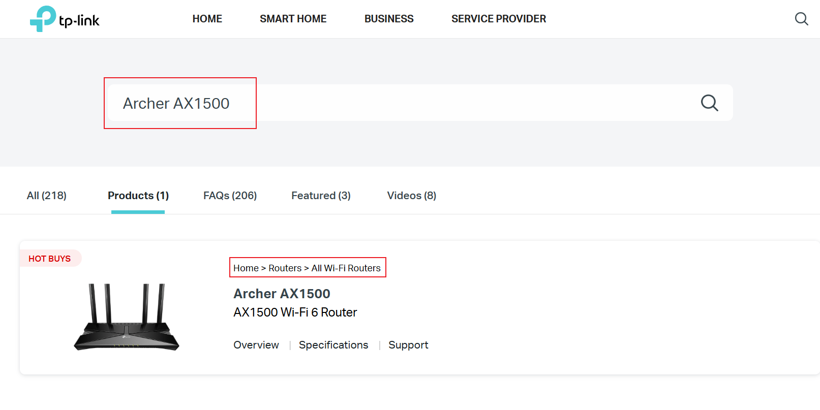 Product category search screenshot showing "Archer AX1500" entered in the search box, with the product result displaying "Home > Routers > All Wi-Fi Routers".]