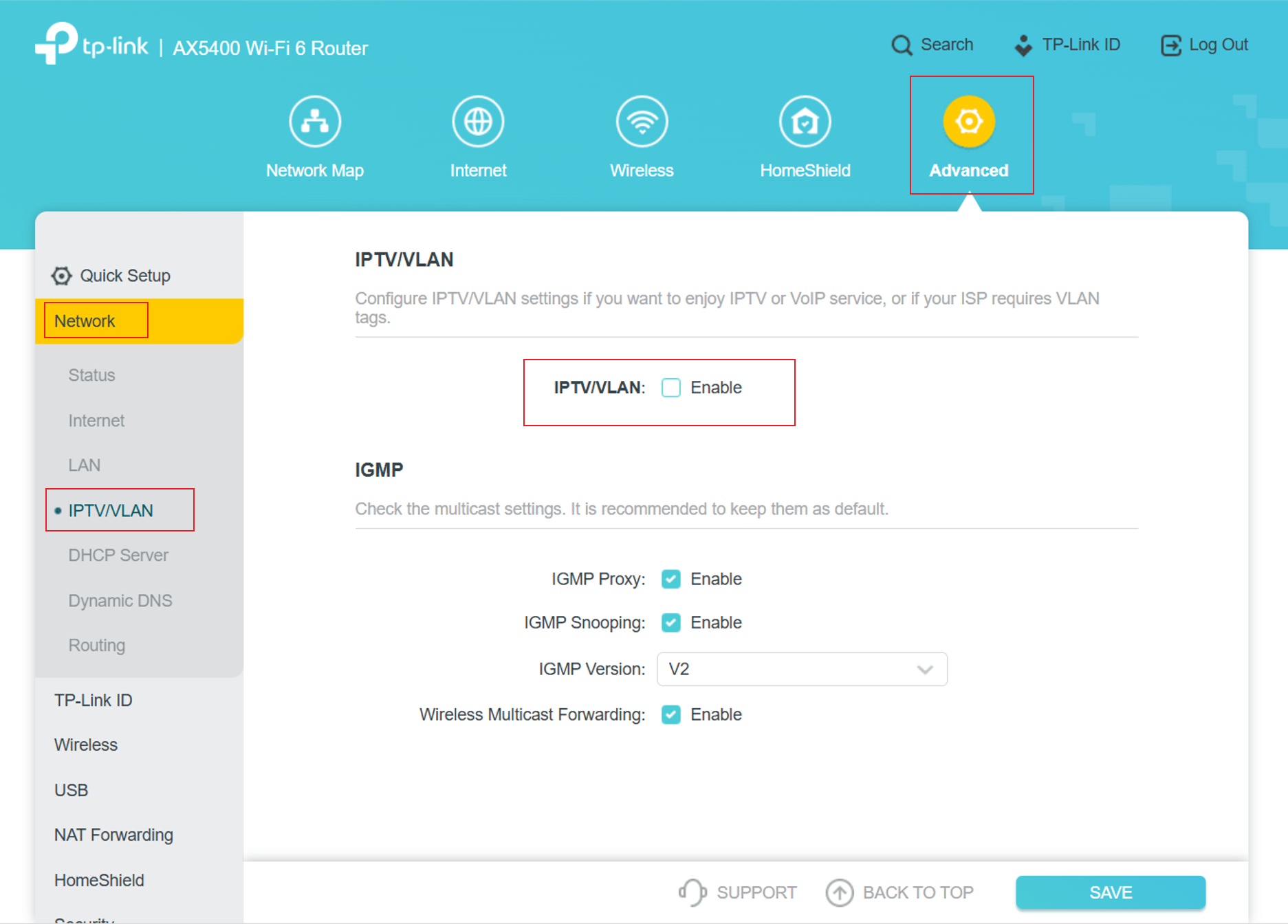 Interface showing where to enable the IPTV/VLAN option.