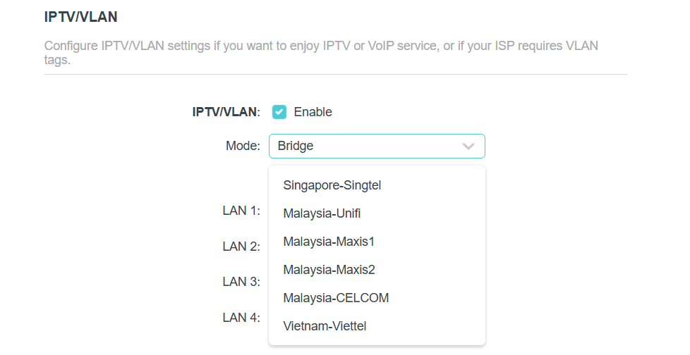 Interface showing how to select the IPTV mode in the IPTV/VLAN settings.
