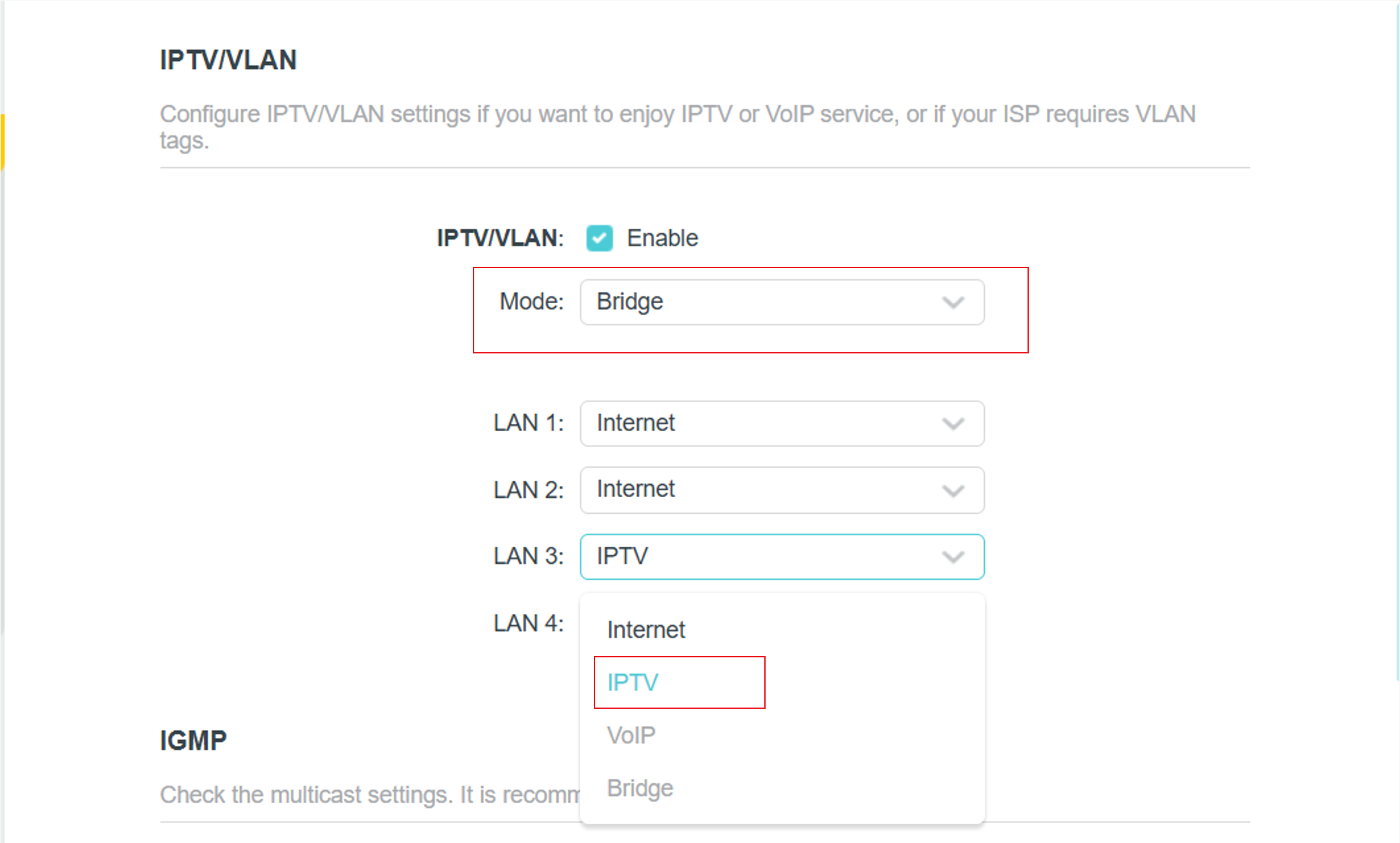 Interface showing how to assign LAN ports to different services when configuring IPTV in Bridge mode.