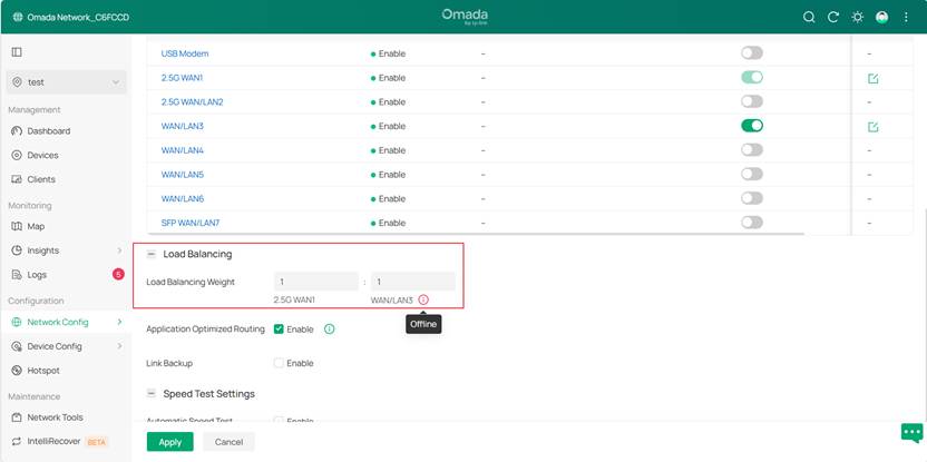 Display Load Balancing configuration page.
