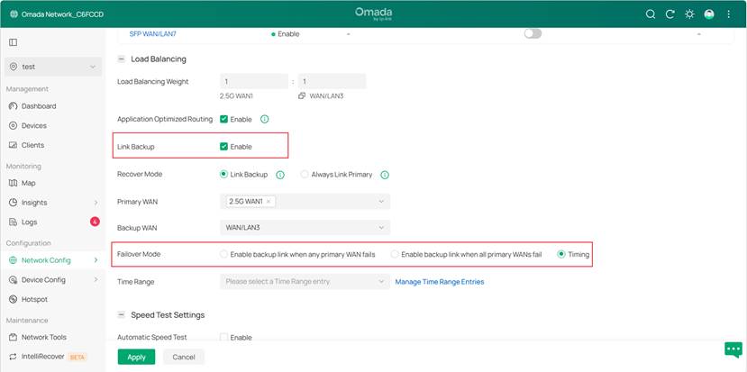 Display the location of the link backup and timing option.