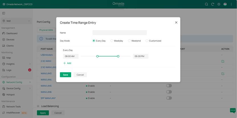 Configuration Page for Creating Time Range Entry.