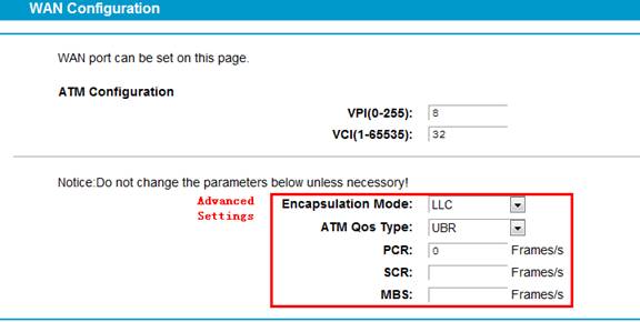 Configure the Encapsulation mode and ATM QoS Type for the Bridge Interface.