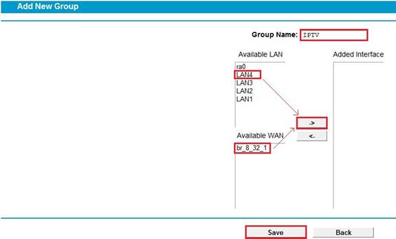 Add the LAN interface and Bridge Interface to an Interface Grouping.