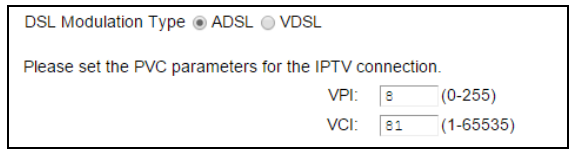 Select the DSL Modulation Type and configure the ADSL VPI/VCI settings.