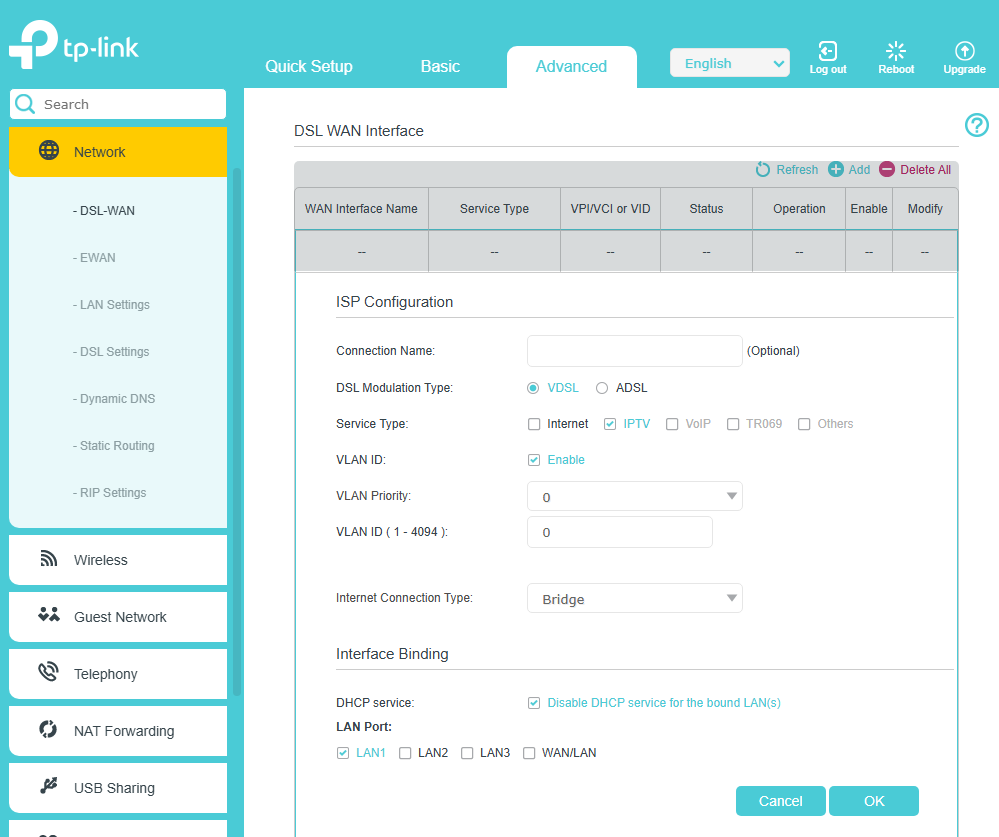 IPTV WAN Interface Configuration Page.