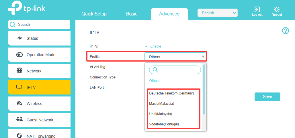 Select the IPTV profile.