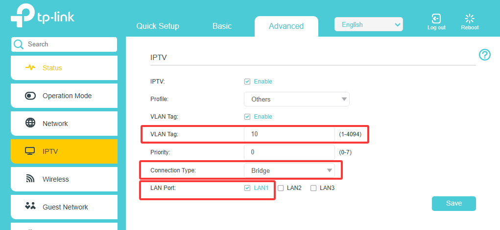 Configure the VLAN Tag and Connection Type for the IPTV page, and select the LAN port connected to the set-top box.