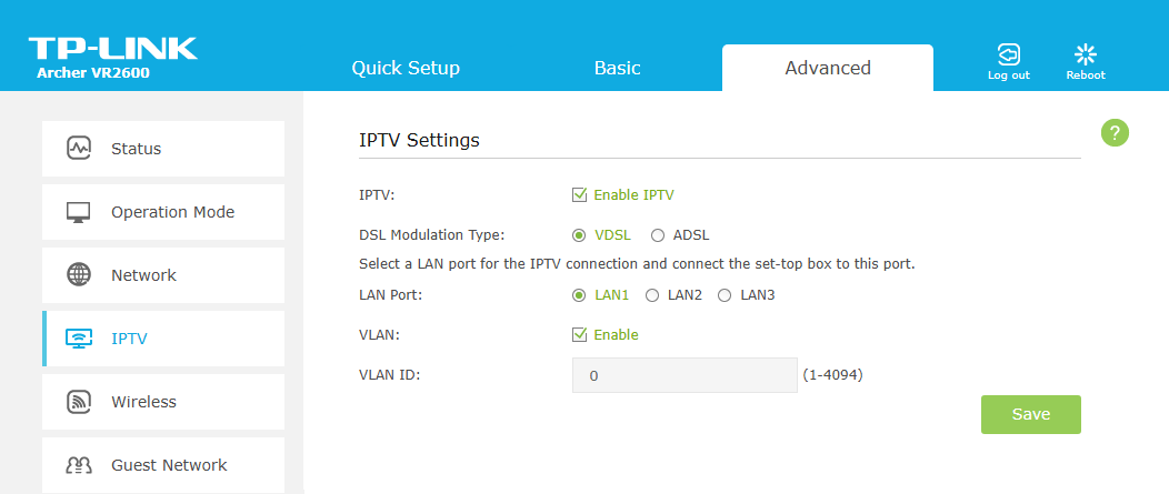 The way to find the IPTV page in the web management. IPTV configuration options for VDSL lines.