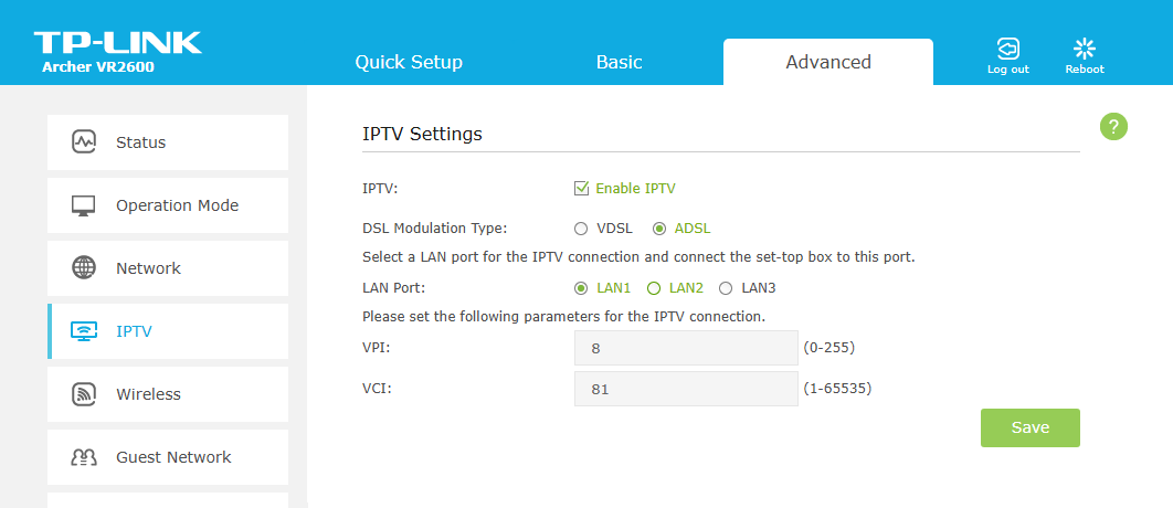 The way to find the IPTV page in the web management. IPTV configuration options for ADSL lines.