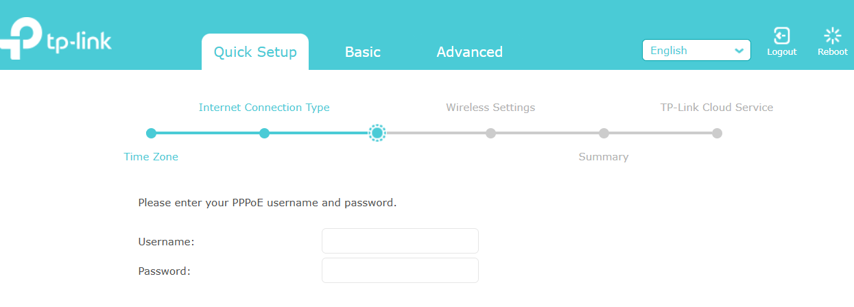 The page for entering the information of PPPoE.