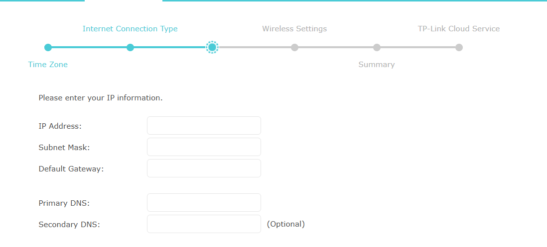 The page for entering the information of the static IP.