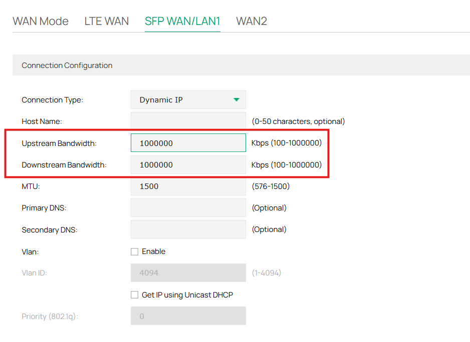 Configuring Upstream/Downstream Bandwidth