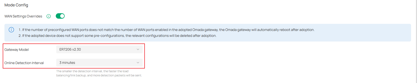 Show an example of configuring the gateway model and online detection interval.