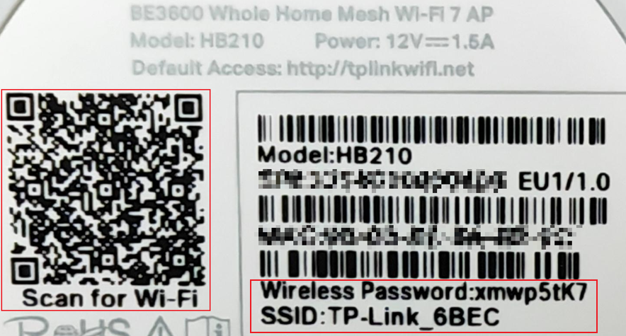 SSID and Wireless Password on the label, QR code for Wi-Fi.