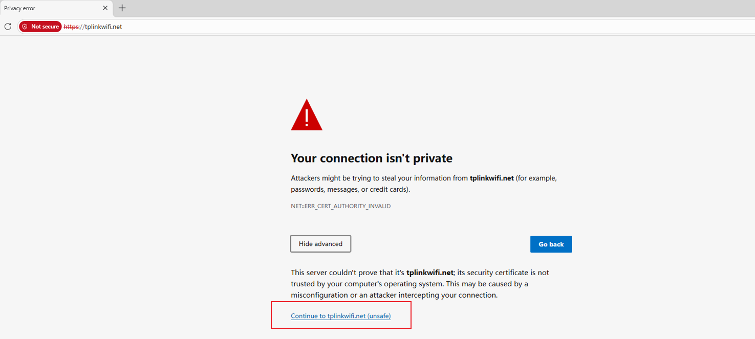 Select Continue to tplinkwifi.net (unsafe).