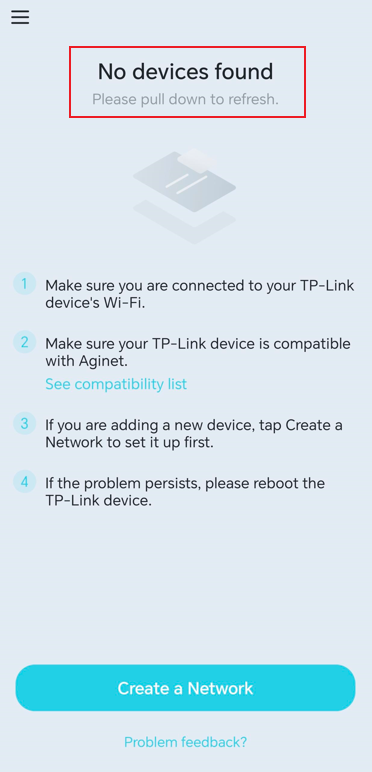 Error "No devices found" in the Aginet app.