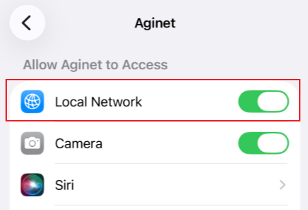 Enable the Local Network permission for the Aginet app.