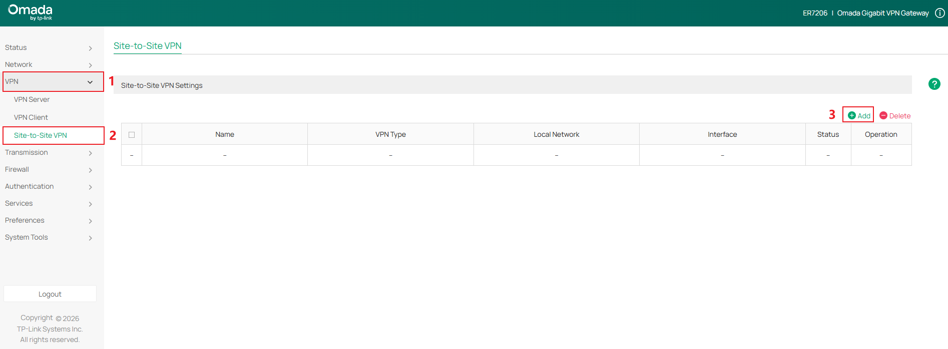 Show the entrance to configure a new site-to-site VPN rule.