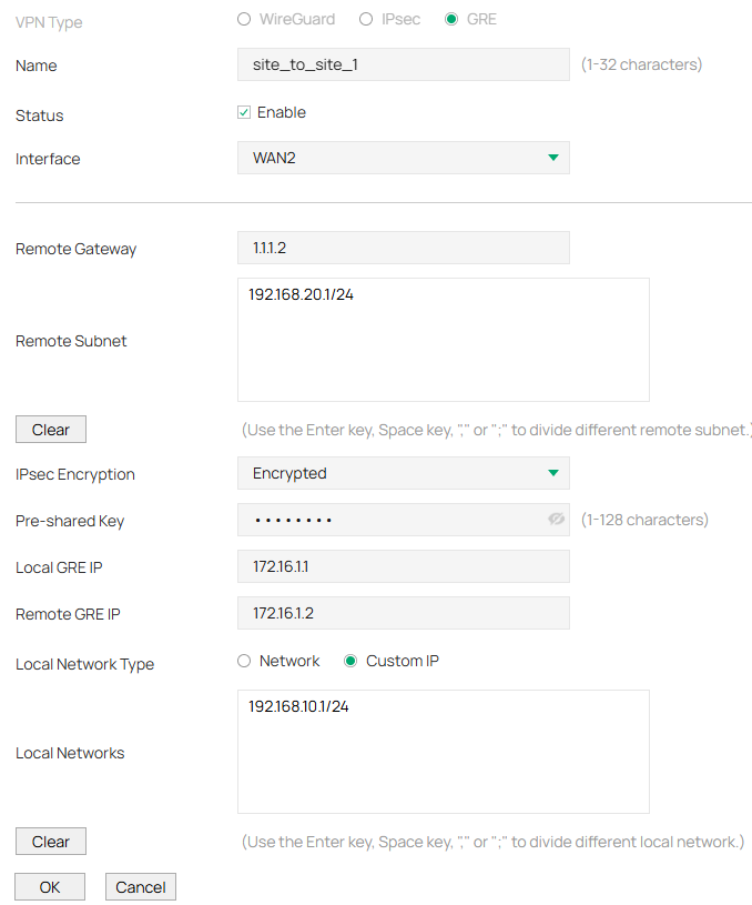 Show an example of configuring a new GRE VPN rule.