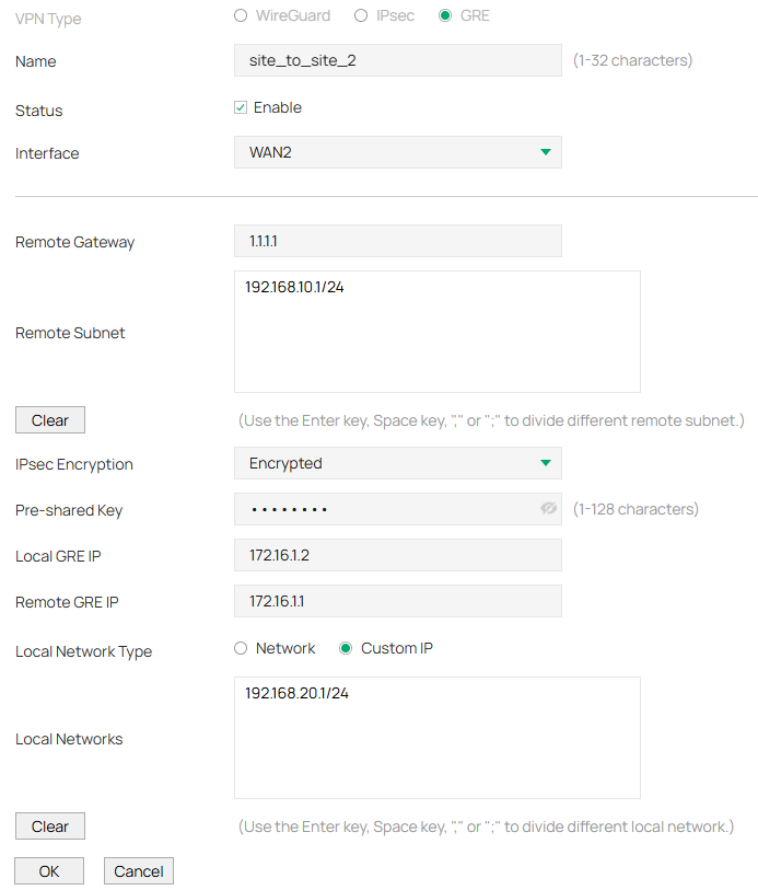 Show an example of configuring a new GRE VPN rule.