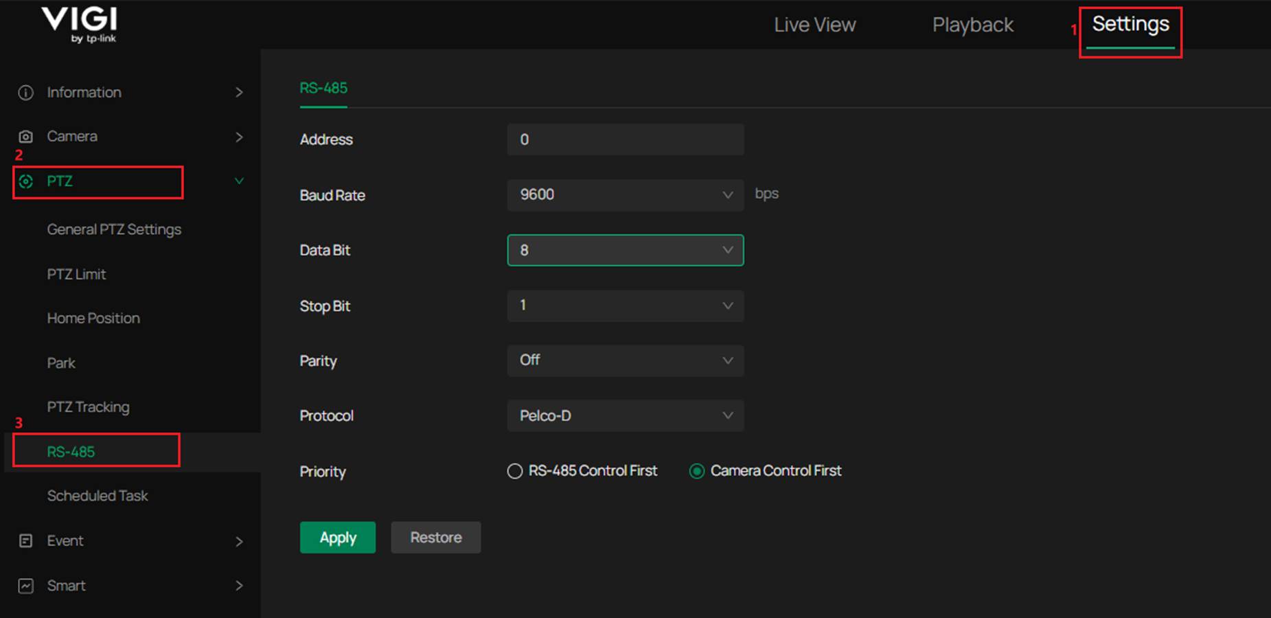 Show RS-485 settings page.