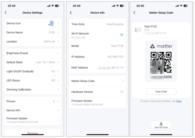 Three-panel screenshot showing the Device Settings page, Device Info page, and Matter Setup Code screen in the Tapo app.