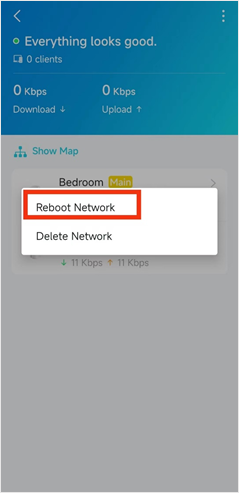 Screenshot showing the Deco app with the "Reboot Network" and "Delete Network" options visible in the upper-right menu.