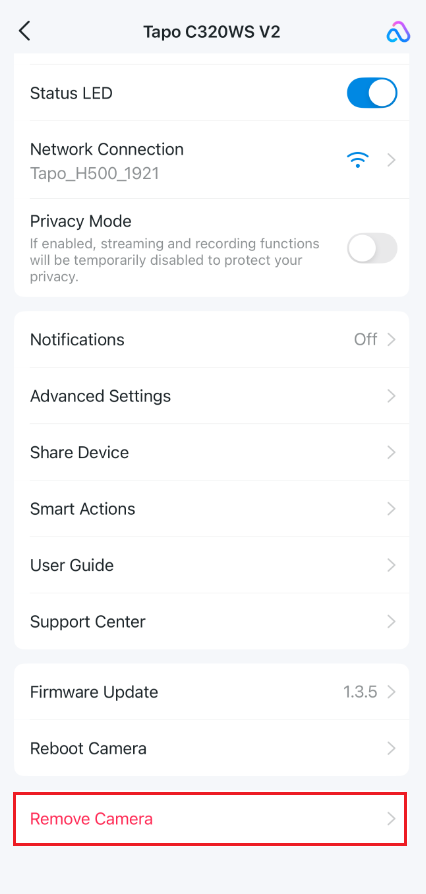 Tap "Remove Camera".