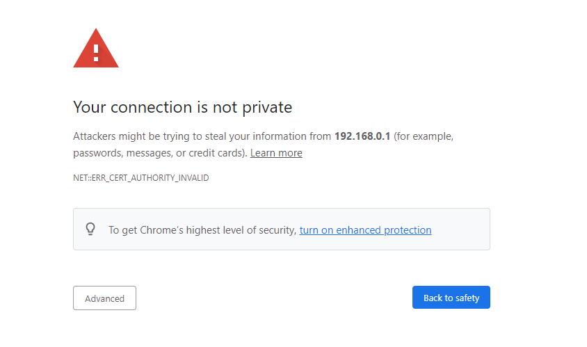 Screenshot of the "Your connection is not private" browser warning.
