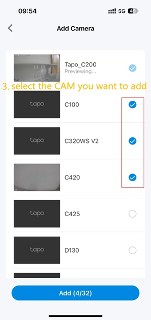 Screenshot of the "Add Camera" screen in the Tapo app showing multiple cameras in a list.