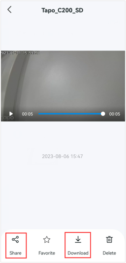 The video detail view with Share and Download buttons.