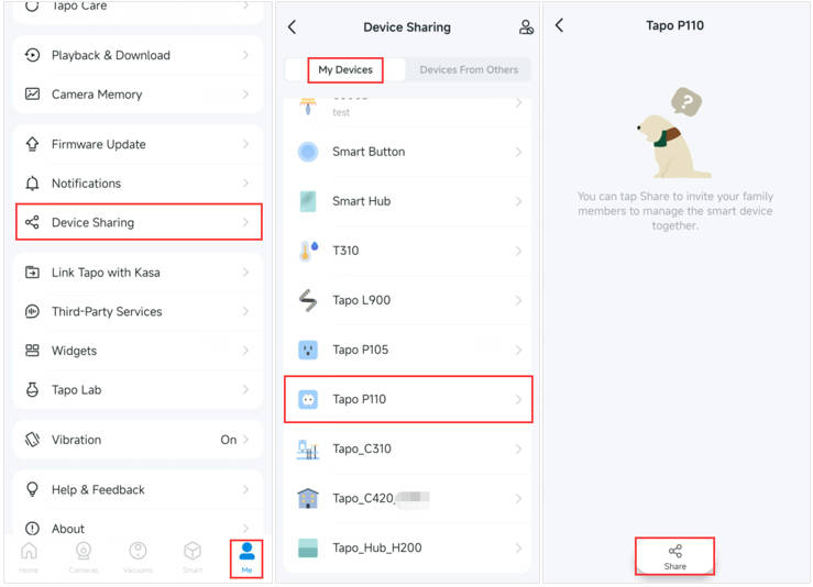 Share the selected device.