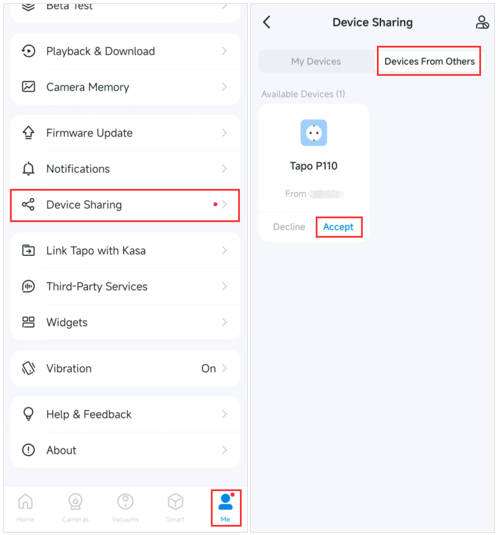 Device Sharing screen showing the "Devices From Others" tab with an Accept button.