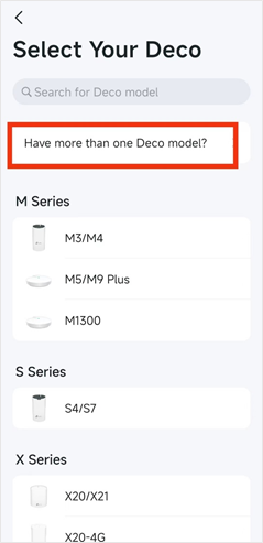 Screenshot of the Deco app showing the "Select Your Deco" screen button highlighted.