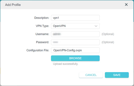 OpenVPN Add Profile screenshot showing uploaded config file.