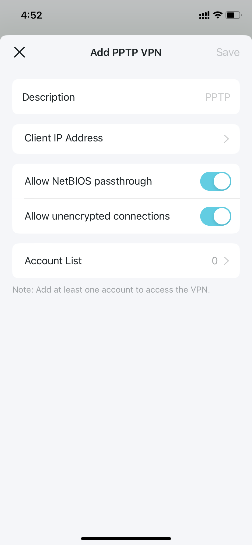 Deco app screens showing the VPN type selection menu and the Add PPTP VPN configuration form.