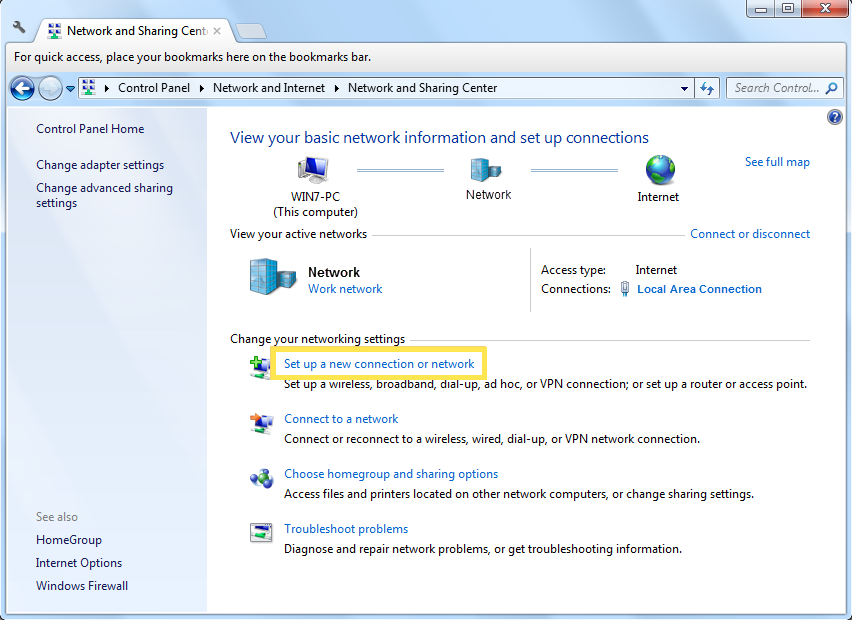 Windows Network and Sharing Center screenshot with "Set up a new connection or network" highlighted.
