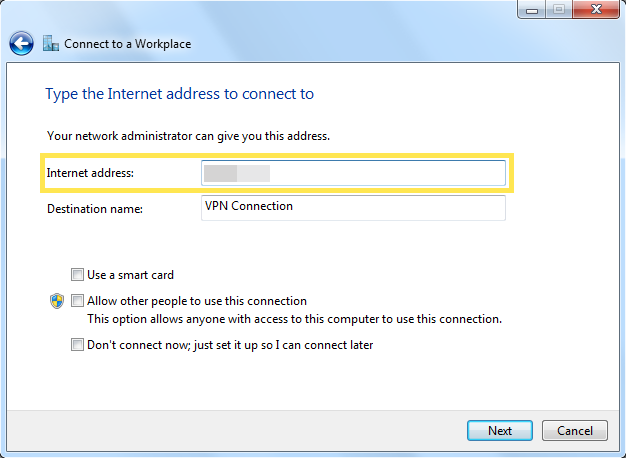 Windows "Type the Internet address to connect to" dialog.