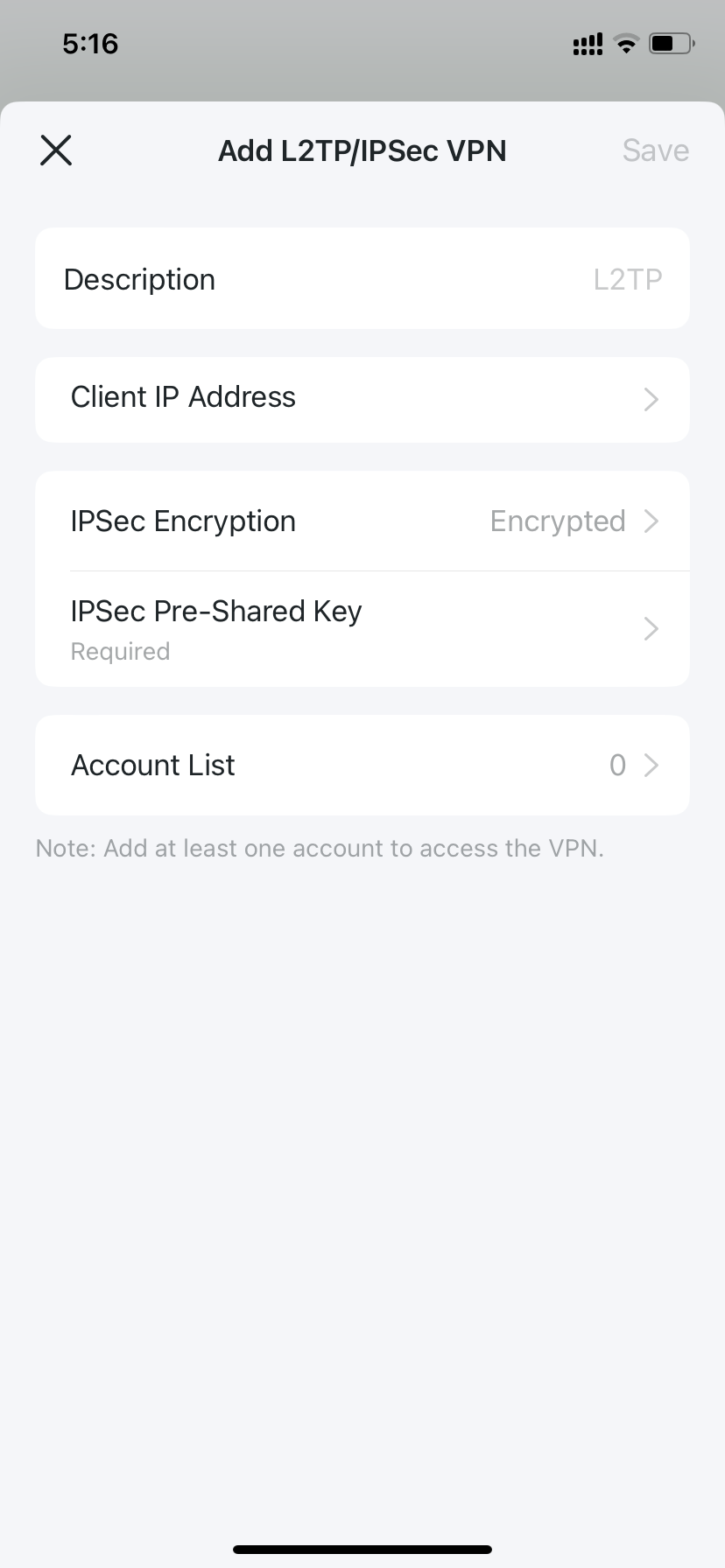 Deco app screens showing the Add L2TP/IPSec VPN configuration form.