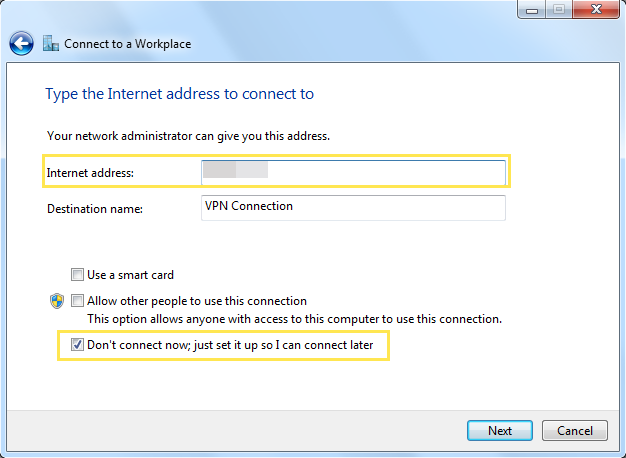 Windows "Type the Internet address to connect to" dialog with ”Internet address“ and  "Don't connect now" checkbox checked.