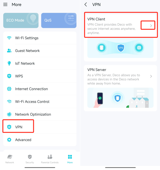 Deco app screens showing the More menu with VPN highlighted and the VPN screen with VPN Client selected.