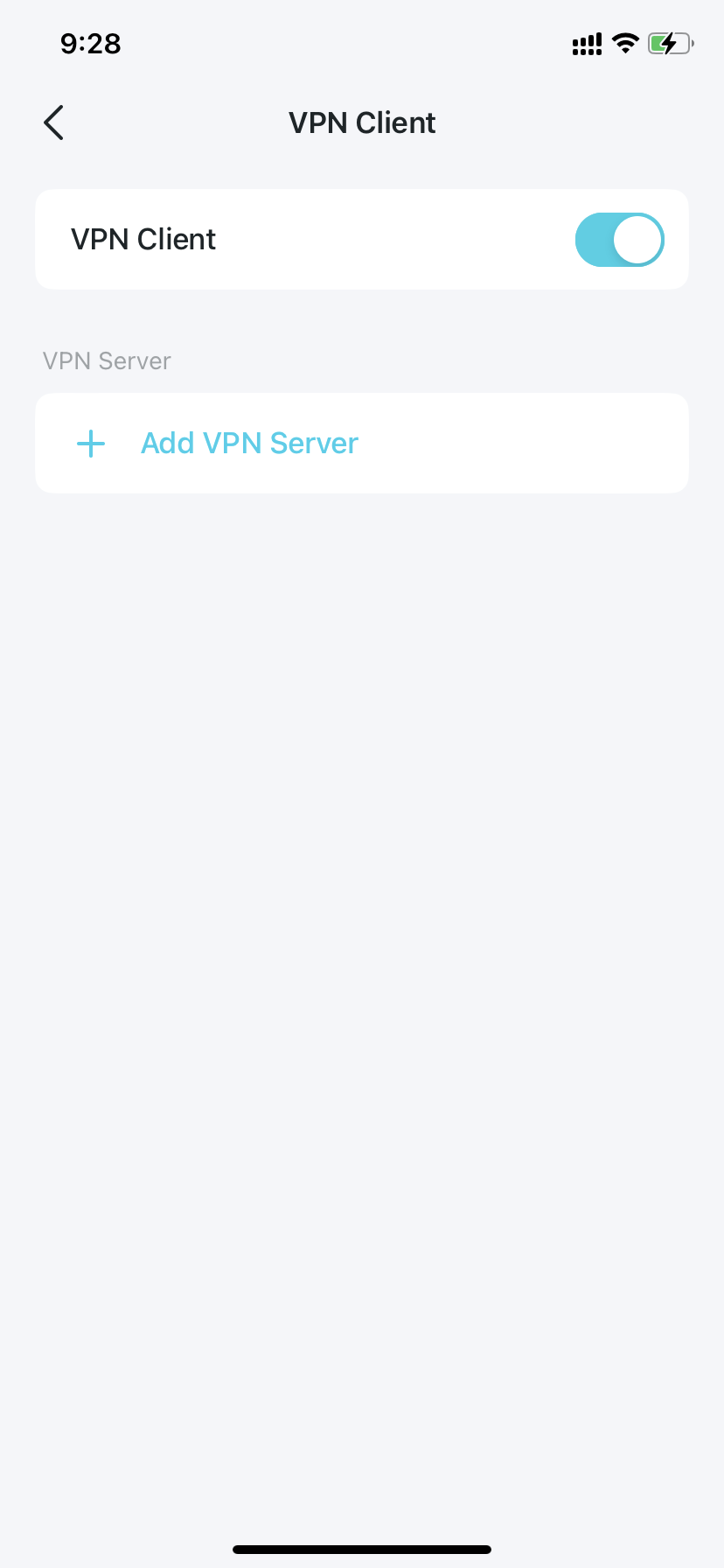 Deco app VPN Client screen with the VPN Client toggle enabled and Add VPN Server option visible.