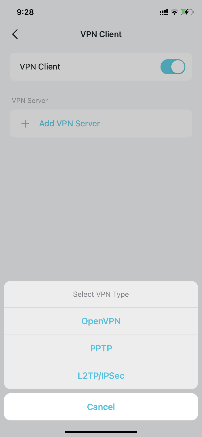 Deco app VPN Client screen showing the Select VPN Type menu with OpenVPN, PPTP, and L2TP/IPSec options.