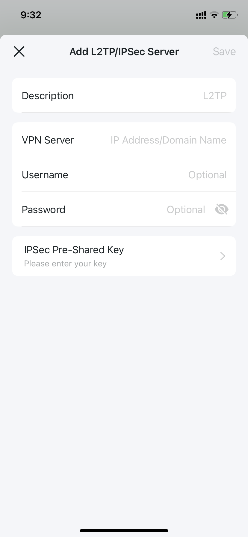 Deco app Add L2TP/IPSec Server screen with Description, VPN Server, Username, Password, and IPSec Pre-Shared Key fields.