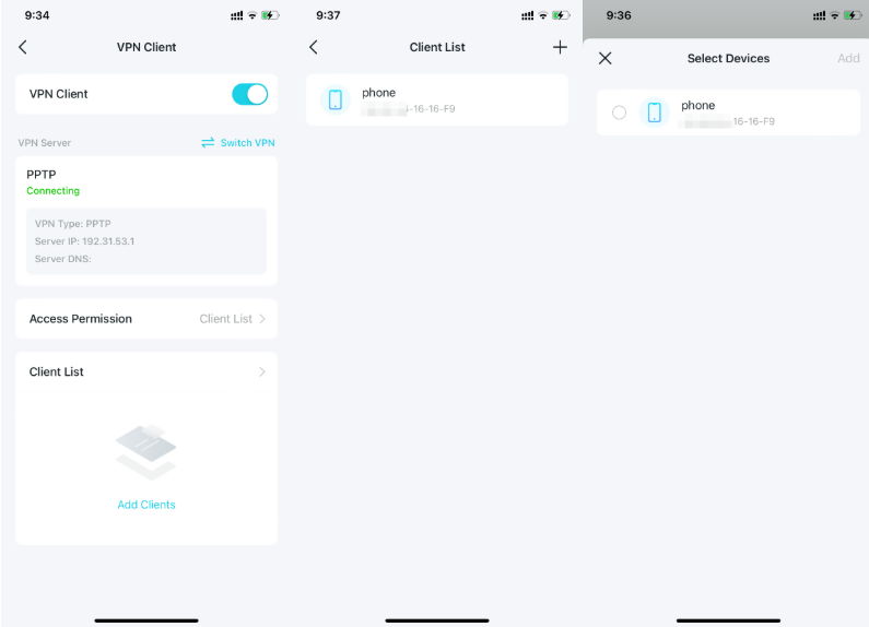 Deco app screens showing the VPN Client profile with Access Permission and Client List options, the Client List screen, the Select Devices screen, and the Access Permission screen showing All Clients and Client List options